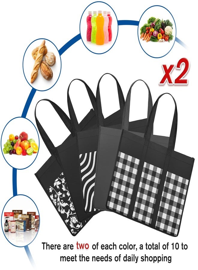 WISELIFE Reusable Grocery Shopping Bags 10 Pack Large Foldable Tote Bags Bulk, Eco Produce Bags with Long Handle for Shopping Groceries Clothes (Plaid D) - Image 3